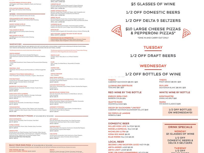 Theo's Neighborhood Pizza, Elmwood Menu