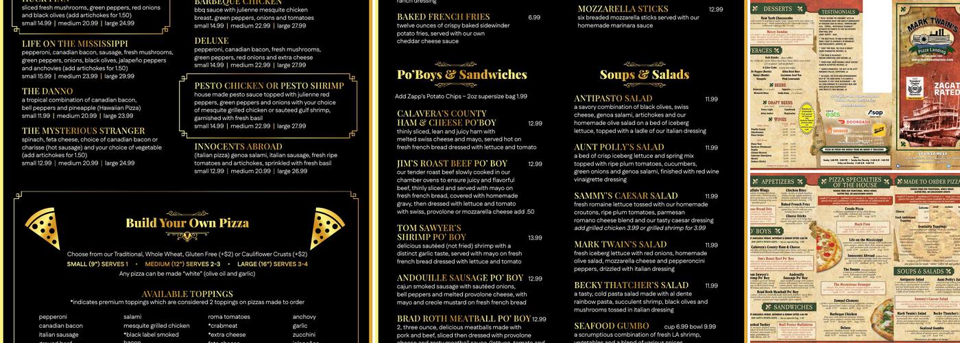 Mark Twain's Pizza Menu