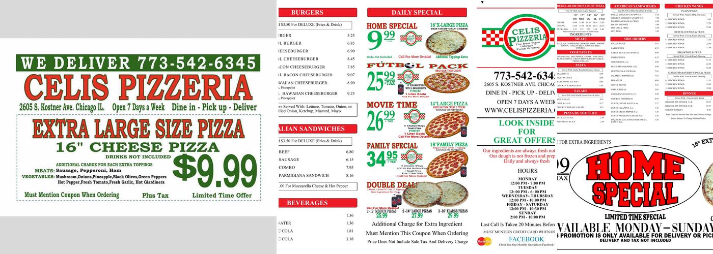 Celis Pizzeria Menu