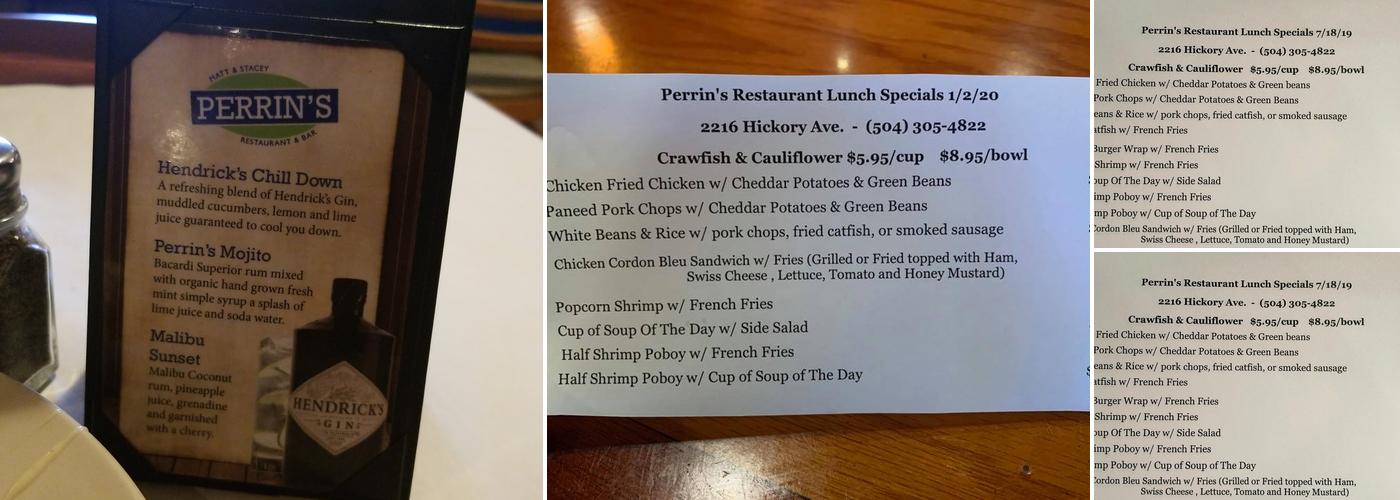 Perrin's Restaurant Menu