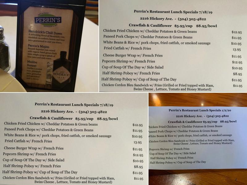 Perrin's Restaurant Menu