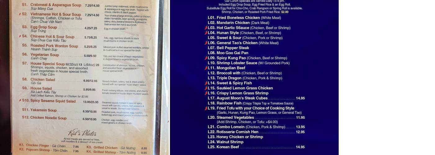 August Moon Menu