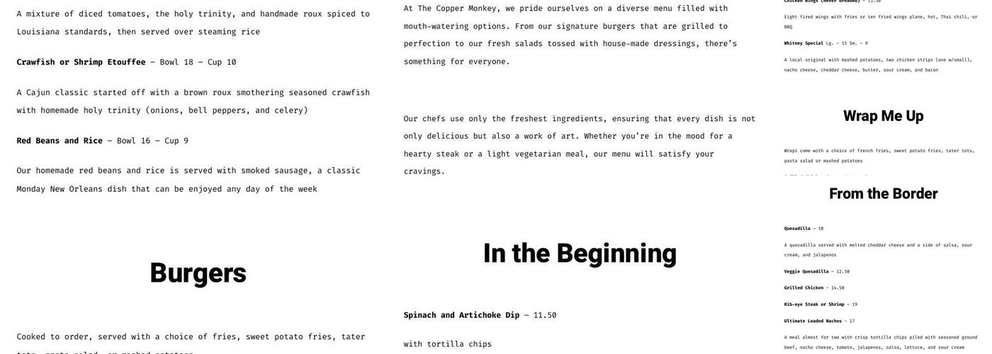 Copper Monkey Bar & Grill Menu