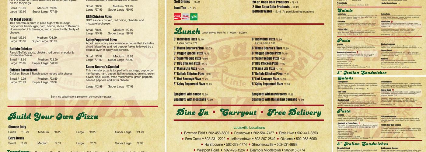 Bearno's Pizza Fern Creek Menu