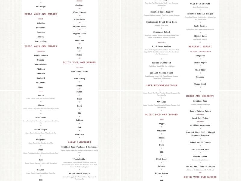 Game Restaurant Menu