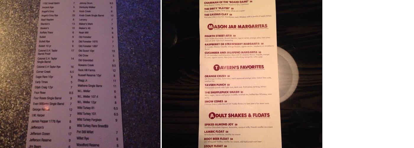 Tavern on Fourth Menu