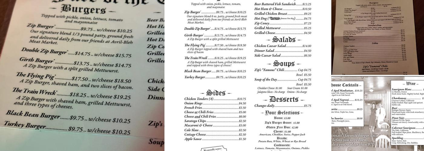 Zip's Cafe Menu