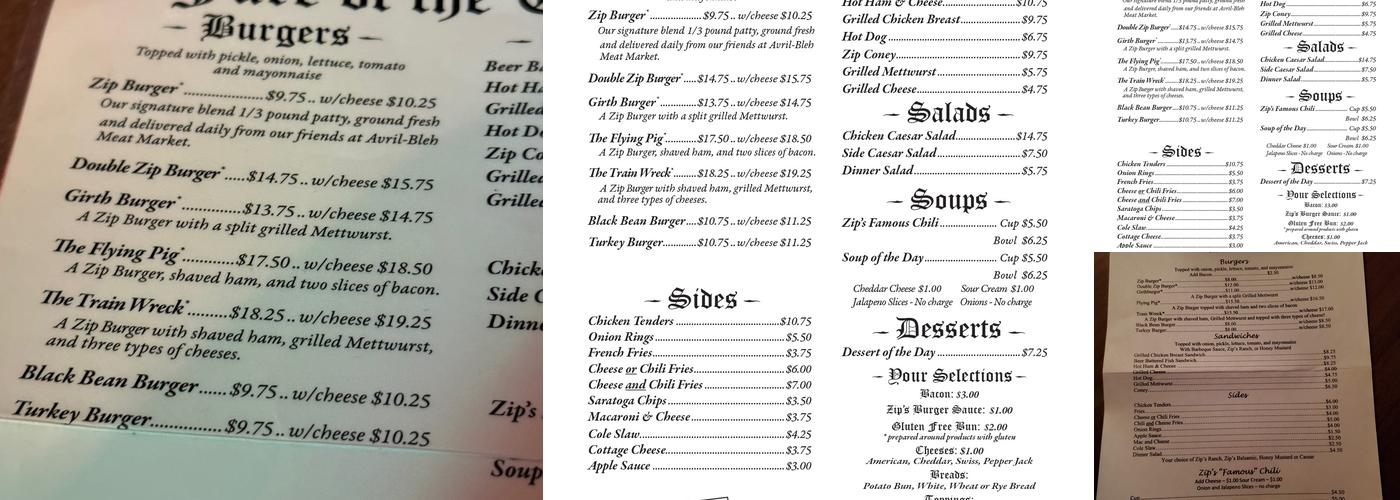 Zip's Cafe Menu