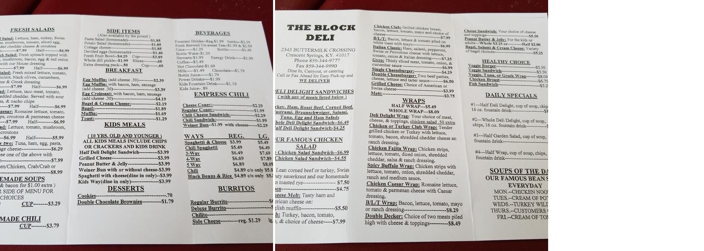 Sandwich Block Deli Menu