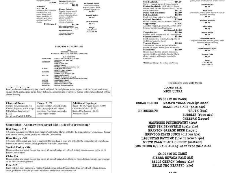 Elusive Cow Cafe Menu