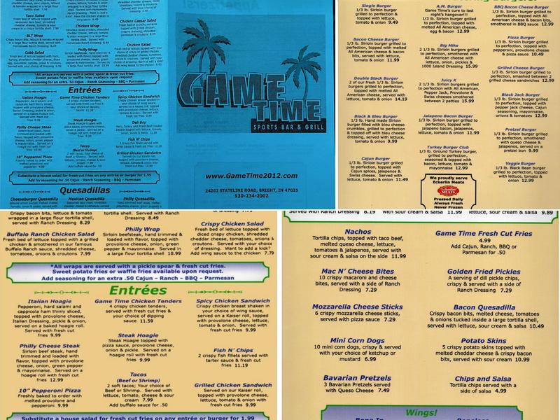 GAME TIME Sports Bar & Grill Menu