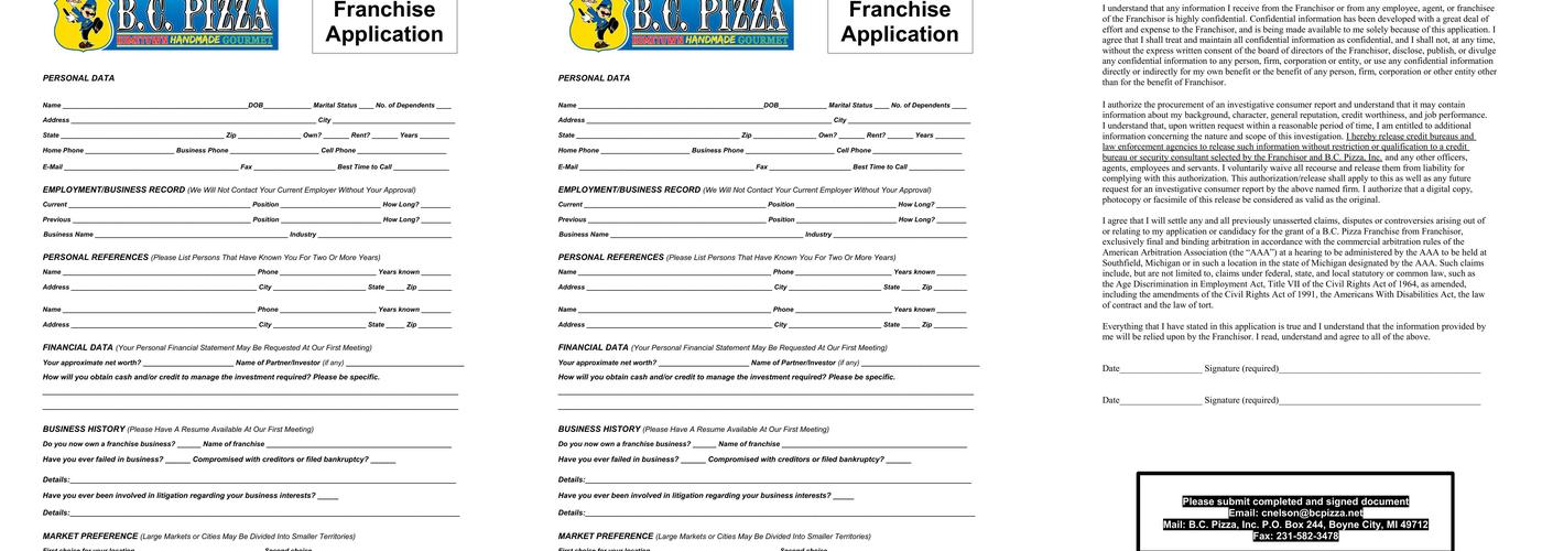 B.C. Pizza Menu
