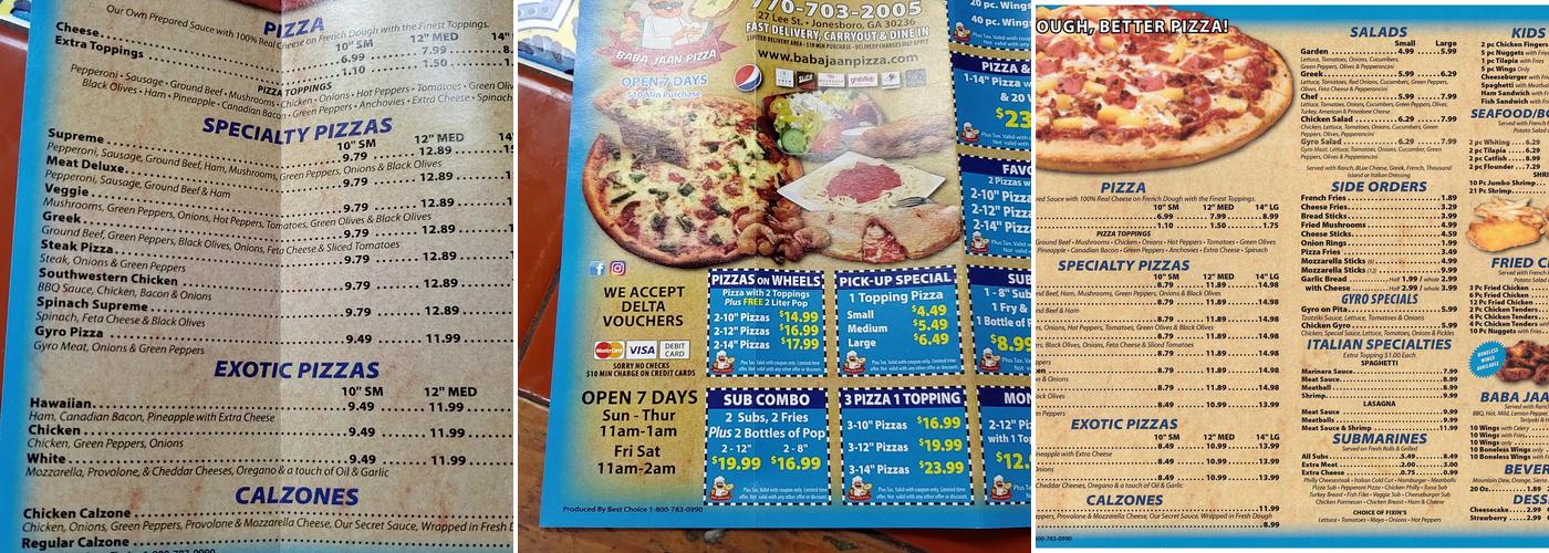 Baba Jaan Pizza Menu