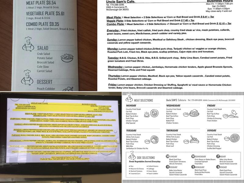 Uncle Sam's Cafeteria Menu