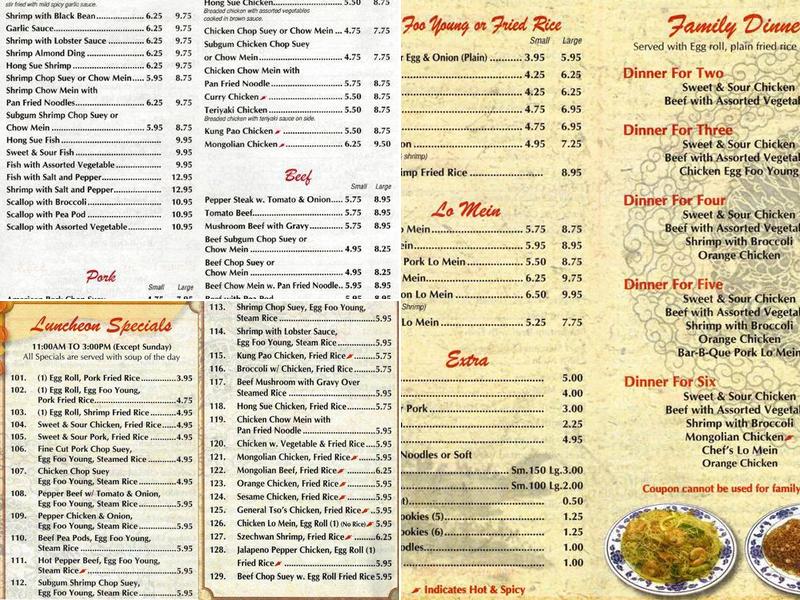 Sun Eng's Chinese Menu