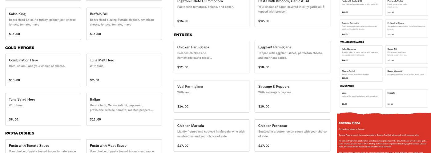 Corona Pizza Menu