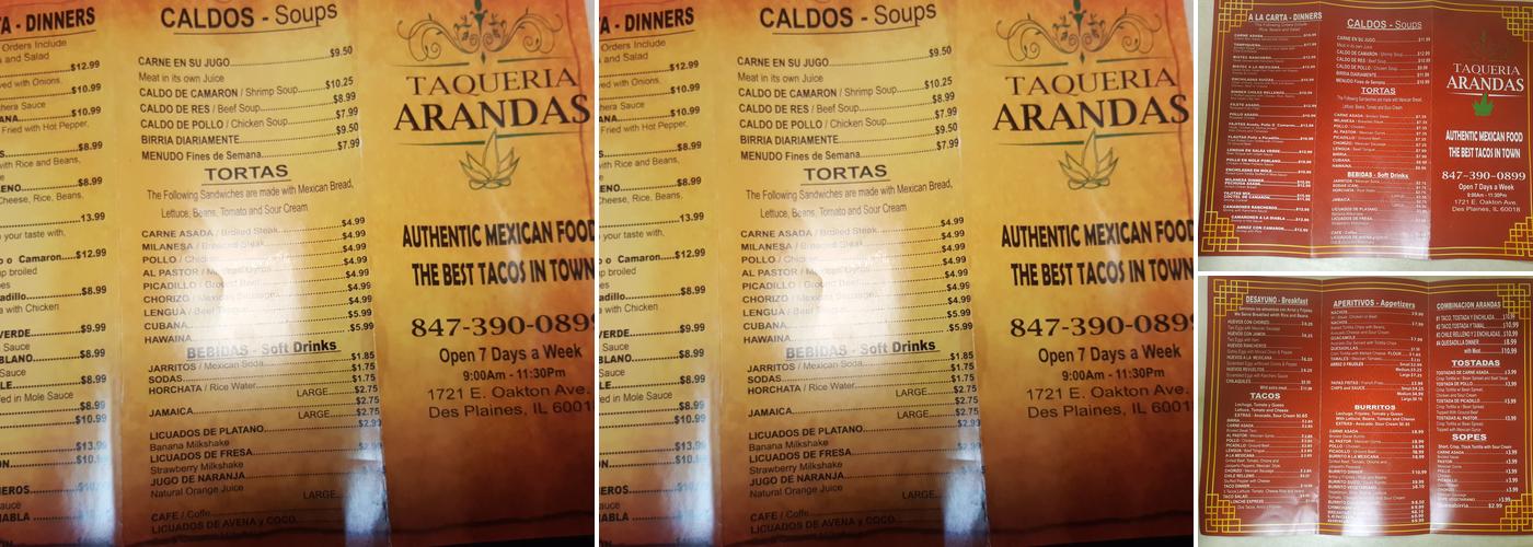 Arandas Taqueria Menu