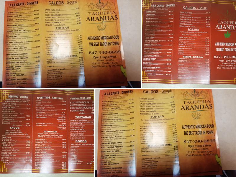 Arandas Taqueria Menu
