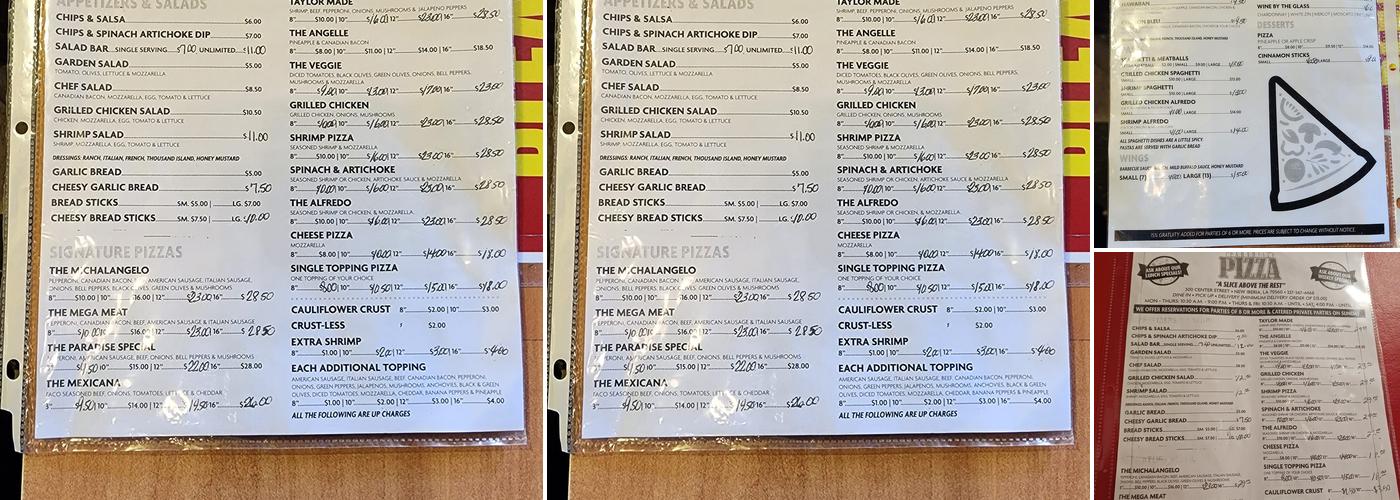 Paradise Pizza Menu