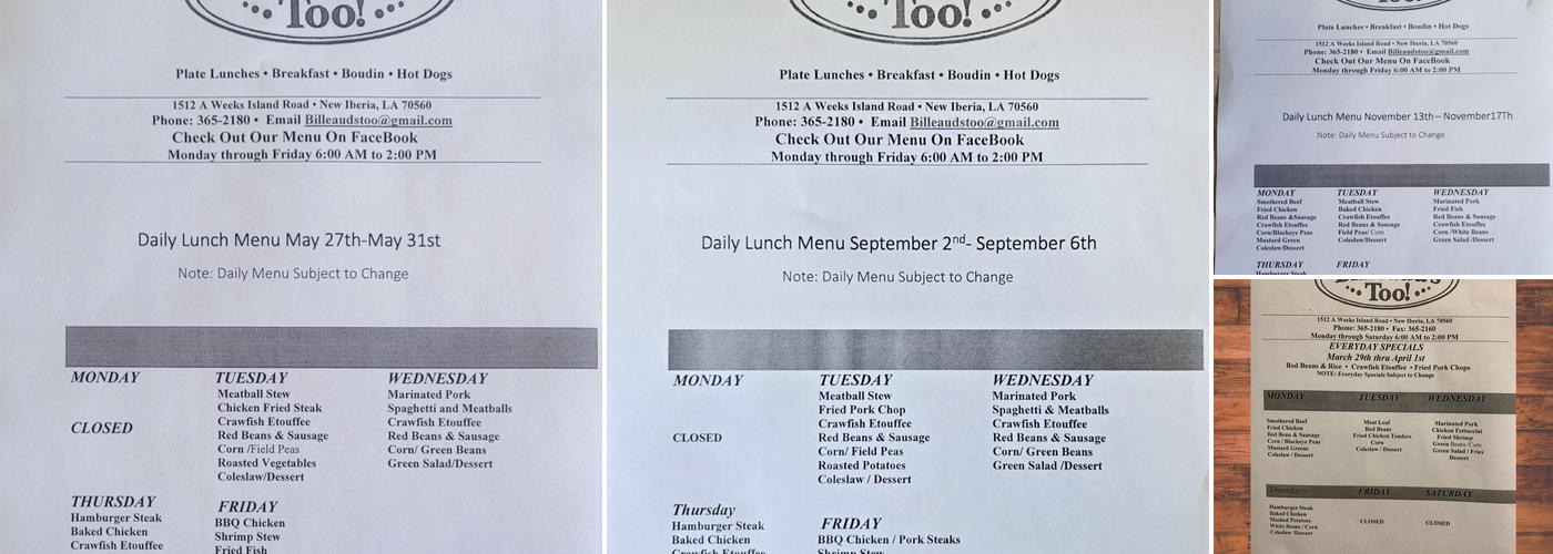 Billeaud's Too Menu
