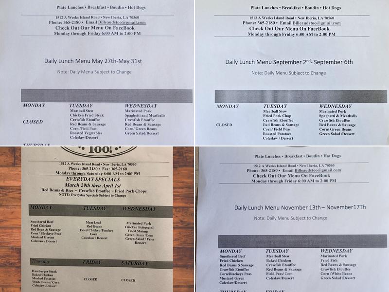 Billeaud's Too Menu