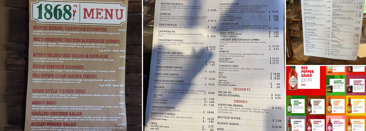 TABASCO Restaurant 1868 Menu