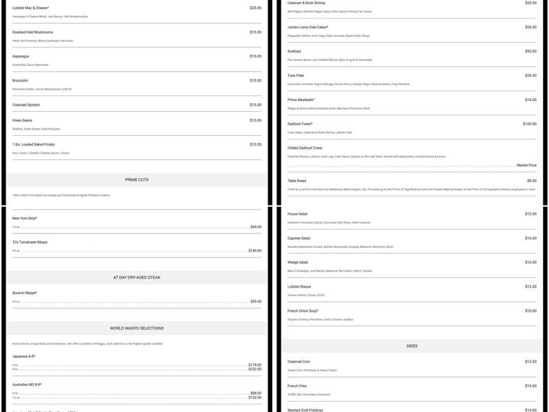 Prime 47- Indy's Steakhouse Menu