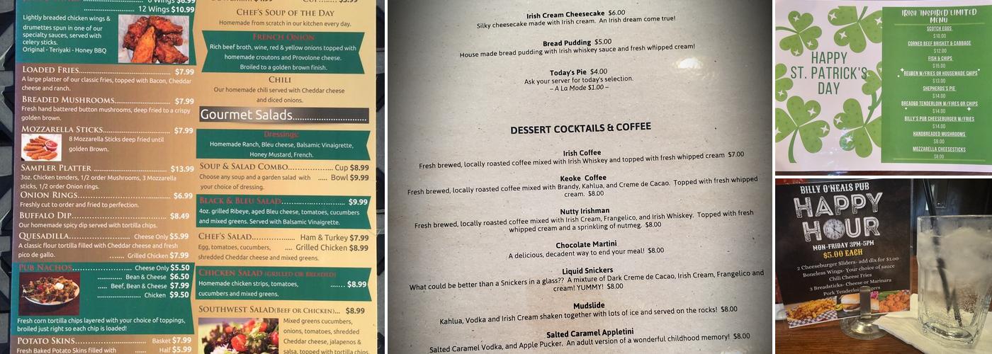 Billy O'Neals Pub & Eatery Menu
