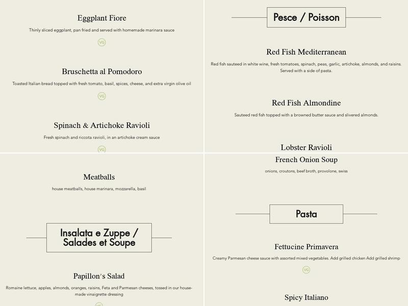 Papillon's Menu
