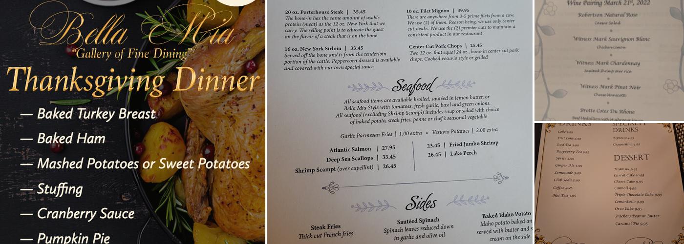 Bella Mia Fine Dining Menu