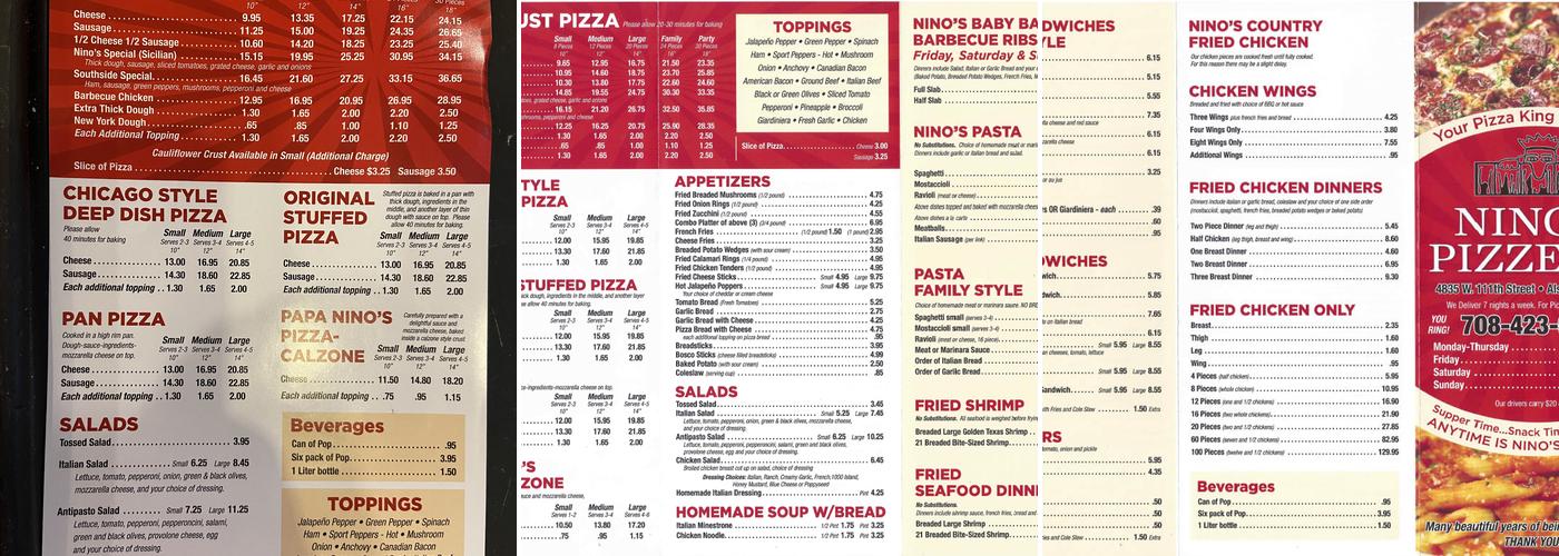 Nino's Pizza Menu