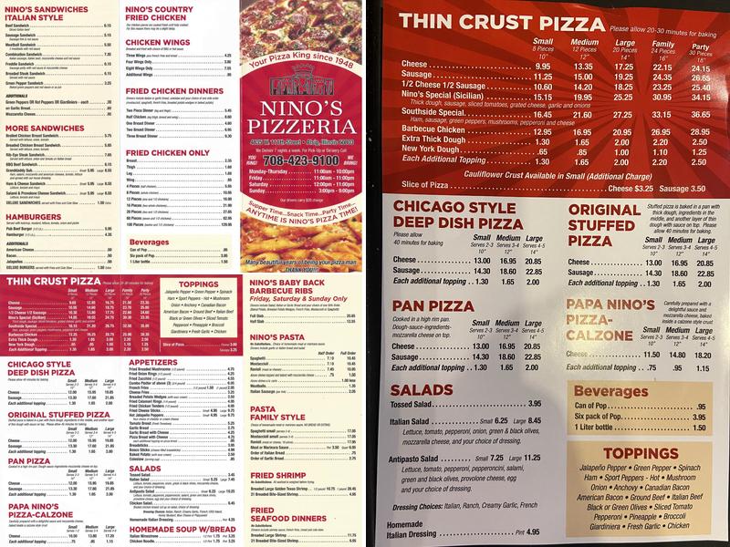 Nino's Pizza Menu