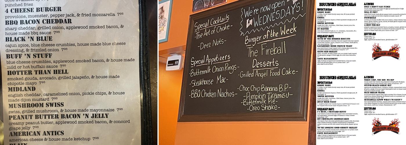 Burger Antics Menu