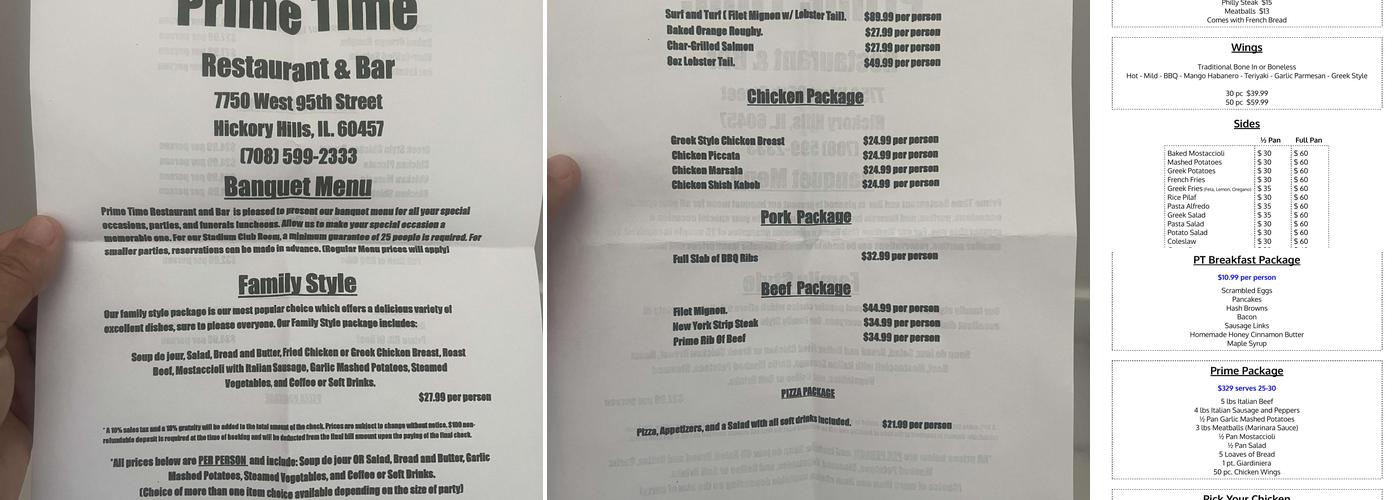 Prime Time Restaurant Menu