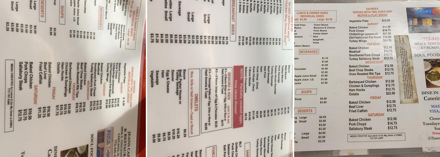 Jean’s SoulFood Cafe Menu