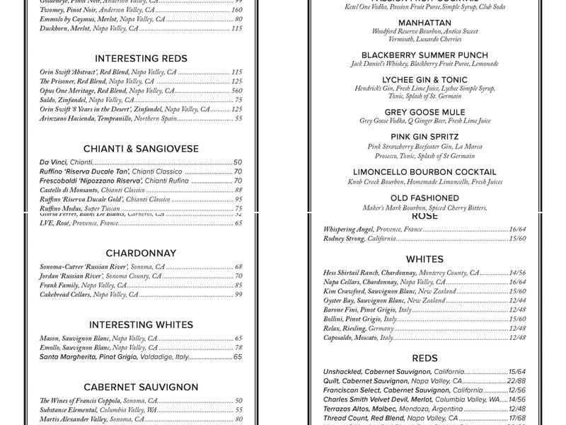 Rosebud Rosetta Italian Menu