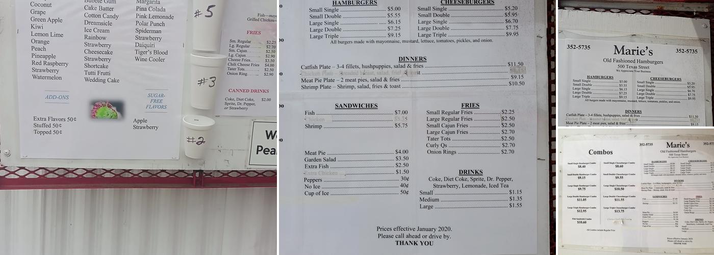 Marie's Old Fashioned Hmburgrs Menu