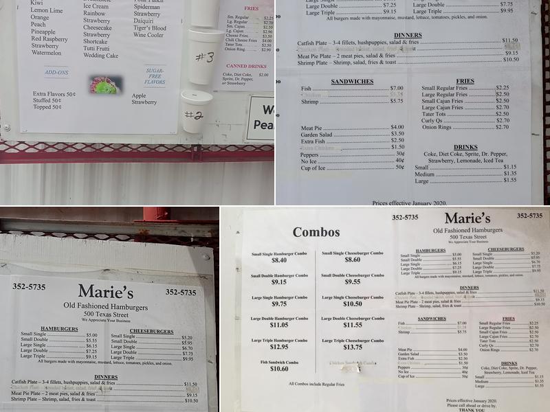 Marie's Old Fashioned Hmburgrs Menu