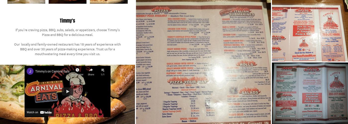Timmy's Pizza & BBQ Garrett Menu