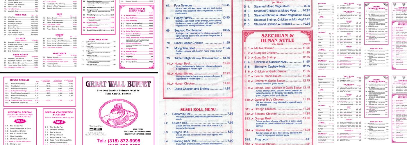 Great Wall Buffet Menu