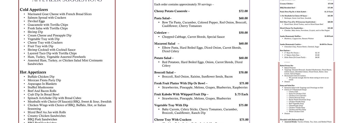 Susie's Lunch Menu