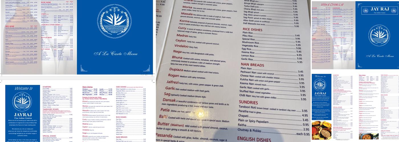 Jay Raj Indian Cuisine Menu