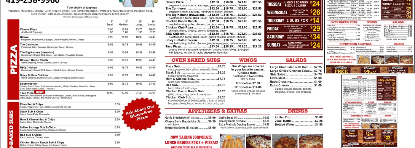 Klosterman Pizza Co Menu