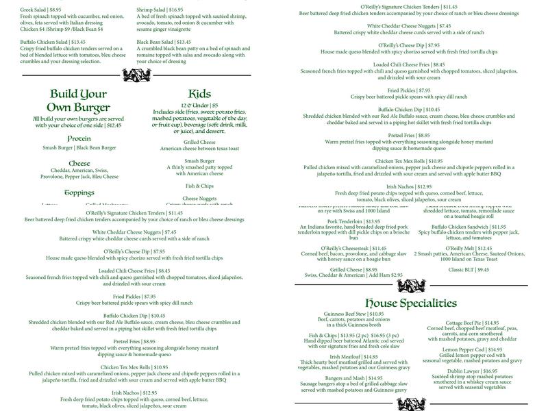 O'Reilly's Irish Pub & Restaurant Menu