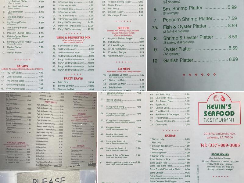 Kevin's Seafood Menu