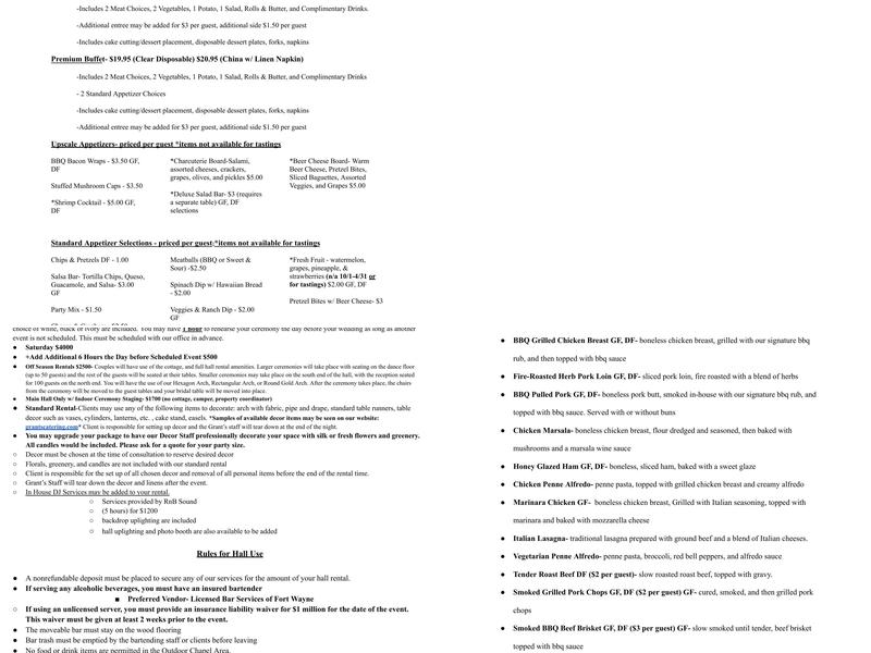 Grants Reception Hall Menu