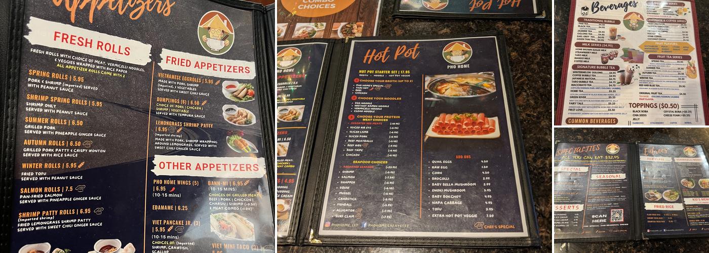 Pho Home Menu
