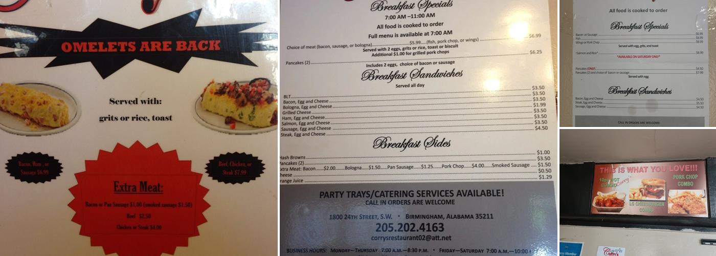 Corry's Restaurant Menu