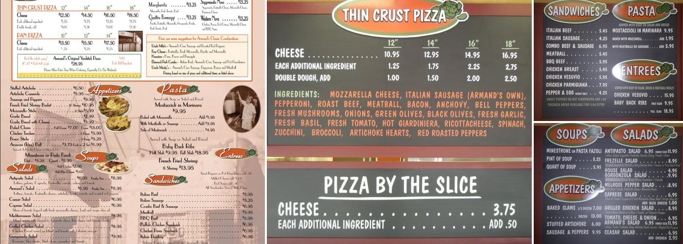Armands Pizzeria Menu