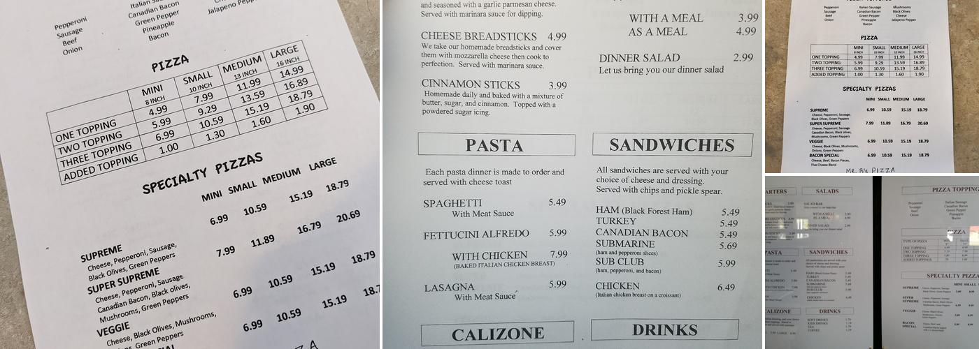 Mr B's Pizza Menu